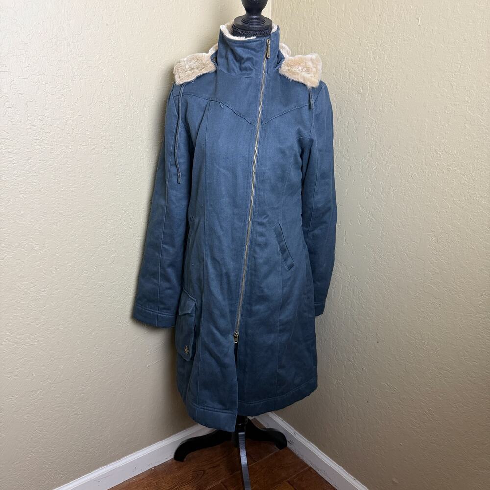 Hemp Hoodlamb Women’s Hooded Winter Coat Blue Faux Fur Hemp Cotton Size S